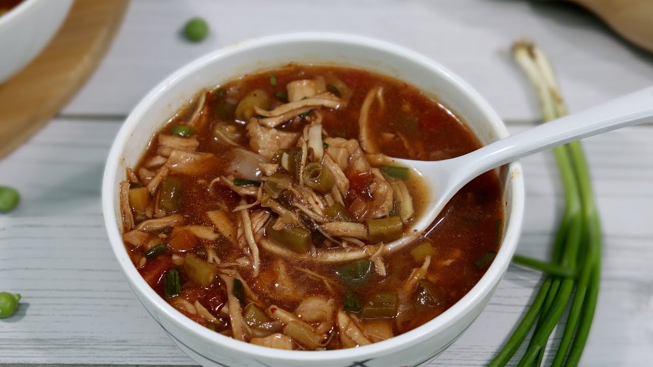 'Video thumbnail for hot and sour chicken soup recipe|restaurant style hot n sour soup'