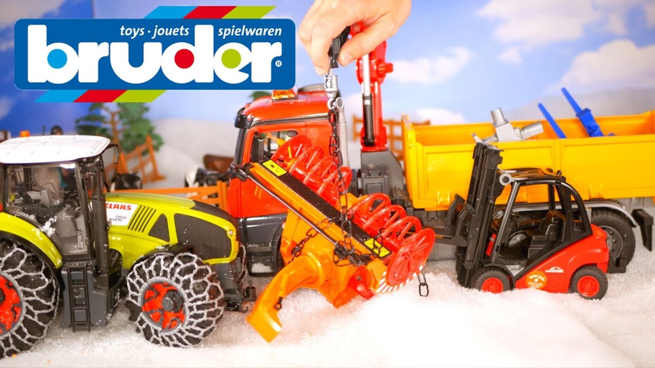 'Video thumbnail for STUCK TRACTOR, SNOW BLOWERS & FROZEN POOP: Bruder Claas Axion 950 Tractor Farming Toys Horse Stable'